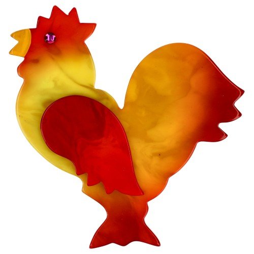 Flame Yellow and Red Rooster Brooch - Galalith – Vintage Jewelry - handcrafted by Pavone by Pavone