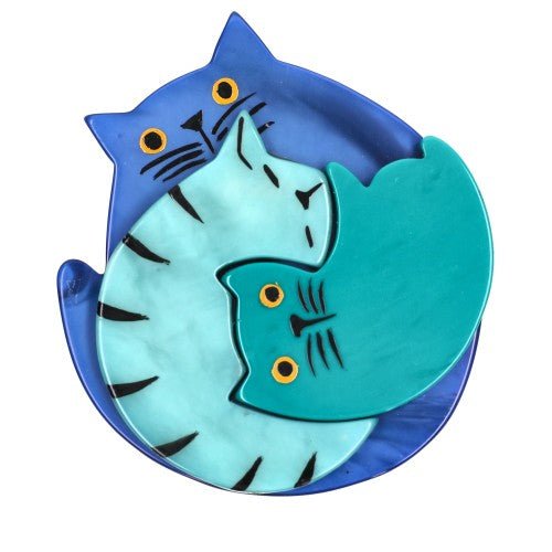 French, Azur Blue and Turquoise Blue Cat Brooch - Galalith – Vintage Jewelry - handcrafted by Pavone by Pavone