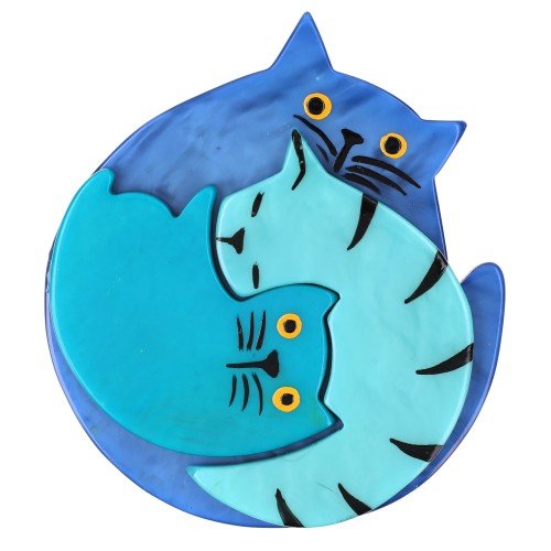 French, Sky and Turquoise Blue Cat Brooch - Galalith – Vintage Jewelry - handcrafted by Pavone by Pavone