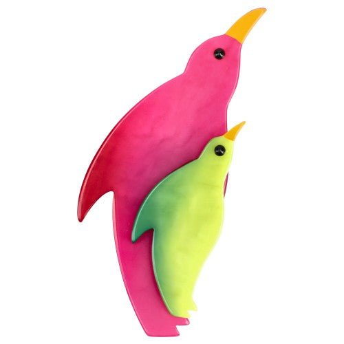 Fuchsia Pink and Anise Green Penguin Frosty Brooch - Galalith – Vintage Jewelry - handcrafted by Pavone by Pavone