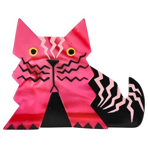 Fuchsia Pink and Black Deco Cat Brooch - Galalith – Vintage Jewelry - handcrafted by Pavone by Pavone