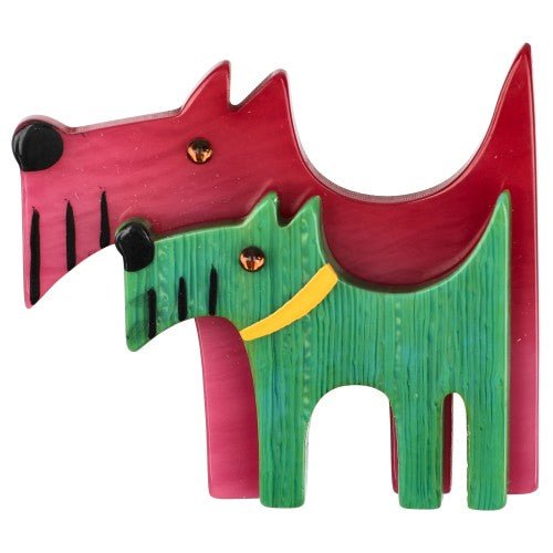 Fuchsia Pink and Pearly Green Double Dog Brooch - Galalith – Vintage Jewelry - handcrafted by Pavone by Pavone