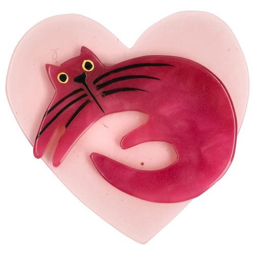 Fuchsia Pink Cat on Pink Heart Brooch (small size) - Galalith – Vintage Jewelry - handcrafted by Pavone by Pavone