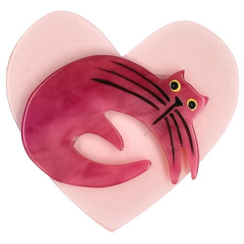 Fuchsia Pink Cat on Pink Heart Brooch (small size) - Galalith – Vintage Jewelry - handcrafted by Pavone by Pavone
