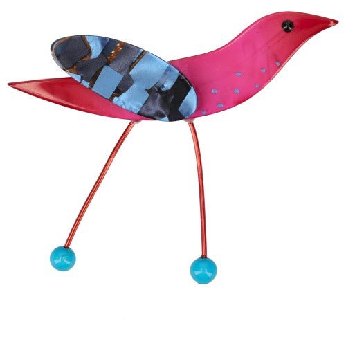 Fuchsia Pink Wader Bird Brooch with Blue Mosaic Wing (turquoise feet) - Galalith – Vintage Jewelry - handcrafted by Pavone by Pavone