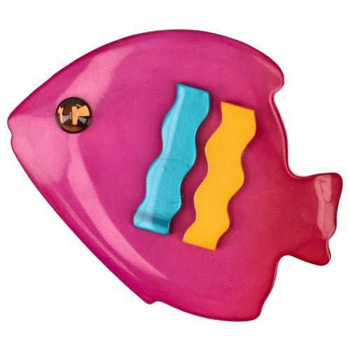 Fuchsia Rose Loulou Fish Brooch with Ocean Blue and Yellow - Galalith – Vintage Jewelry - handcrafted by Pavone by Pavone