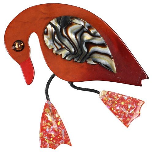 Ginger and Mica Twisty Bird Brooch with Brilliant Red Feet - Galalith – Vintage Jewelry - handcrafted by Pavone by Pavone
