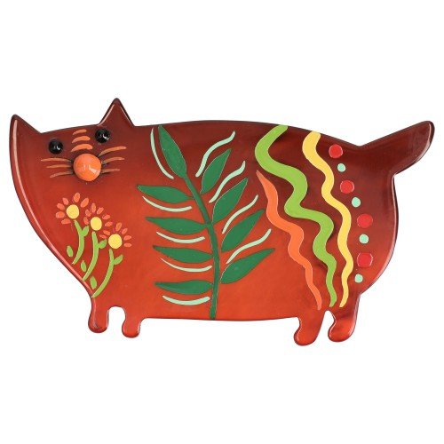 Ginger - Brown and Multicolor Floral Decor Cat Brooch - Galalith – Vintage Jewelry - handcrafted by Pavone by Pavone