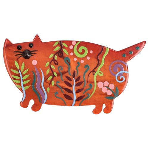 Ginger - Orange and Multicolor Floral Decor Cat Brooch - Galalith – Vintage Jewelry - handcrafted by Pavone by Pavone