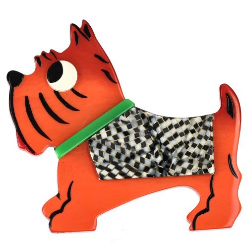 Ginger Orange, Black and White Checkered Coat and Green Collar Jano Dog Brooch - Galalith – Vintage Jewelry - handcrafted by Pavone by Pavone