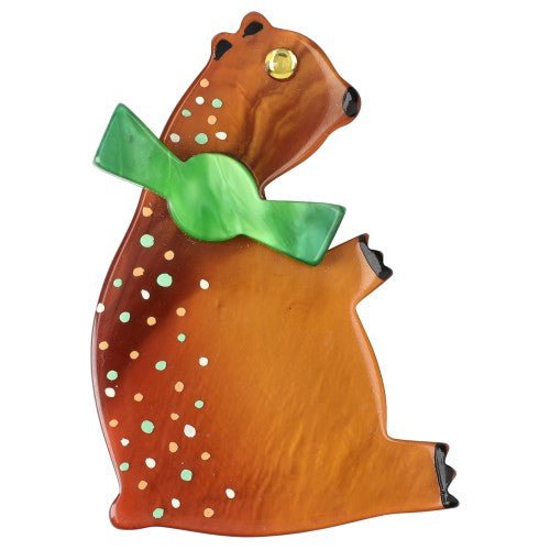 Ginger Sitting Alex Bear Brooch with a green Bow - Galalith – Vintage Jewelry - handcrafted by Pavone by Pavone