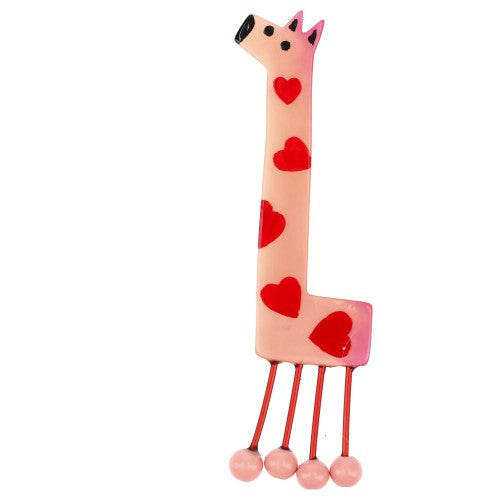 Pink Olympe Giraffe Brooch with Red Hearts