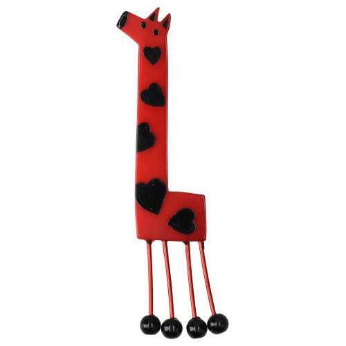 Red Olympe Giraffe Brooch with Black Hearts