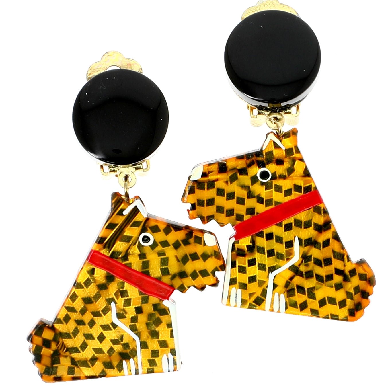 Gold Checkerboards Ric Dog Earrings - Galalith – Vintage Jewelry - handcrafted by Pavone by Pavone
