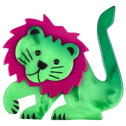 Green and Cyclamen Pink Leo Lion Brooch - Galalith – Vintage Jewelry - handcrafted by Pavone by Pavone