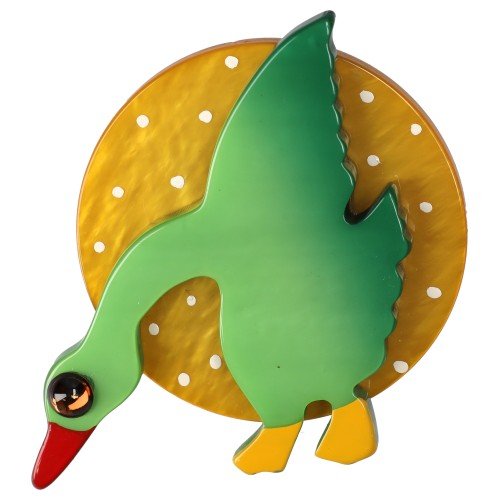 Green and Ocher Wild Goose Brooch - Galalith – Vintage Jewelry - handcrafted by Pavone by Pavone