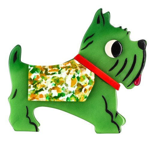 Green, Green-Yellow-White Coat and Red Collar Jano Dog Brooch - Galalith – Vintage Jewelry - handcrafted by Pavone by Pavone