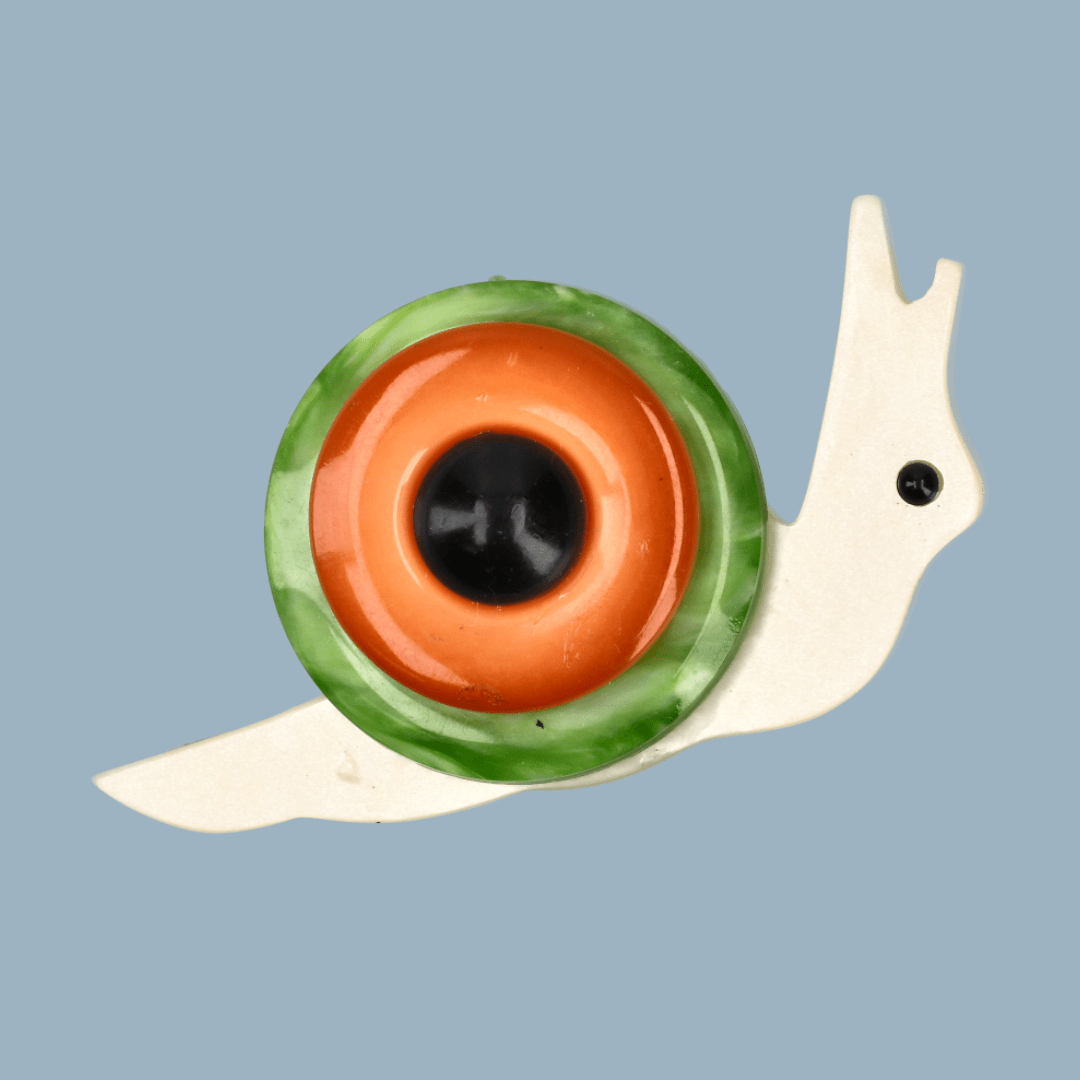 Green - Orange, Black and White Snail Brooch - Galalith – Vintage Jewelry - handcrafted by Pavone by Pavone