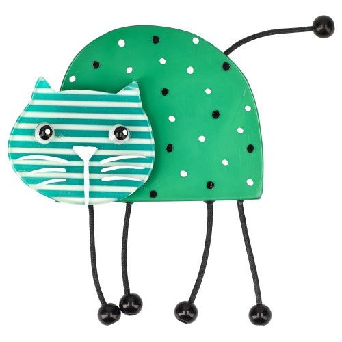 Green Polka Dot Zebulon Cat Brooch with green striped head - Galalith – Vintage Jewelry - handcrafted by Pavone by Pavone