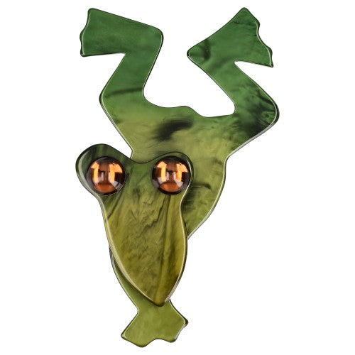 Moos Green Diving Frog Brooch with yellow eyes (large size)