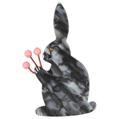Grey and Pink Flower Rabbit Brooch - Galalith – Vintage Jewelry - handcrafted by Pavone by Pavone
