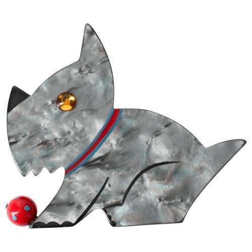 Grey and Red Lucien Dog Brooch with a Red Ball - Galalith – Vintage Jewelry - handcrafted by Pavone by Pavone