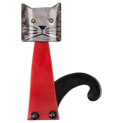 Grey and Red Teapot Cat Brooch - Galalith – Vintage Jewelry - handcrafted by Pavone by Pavone