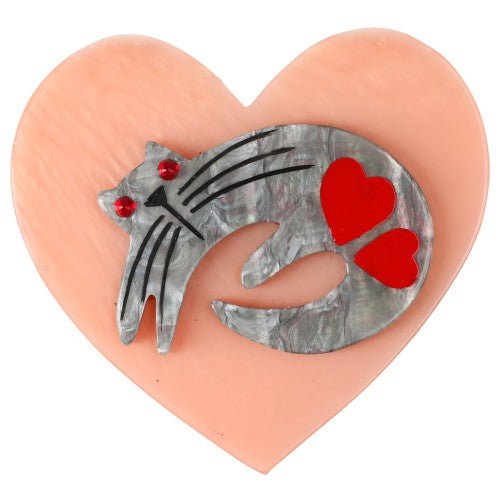 Grey Cat on Light Pink Heart Brooch - Galalith – Vintage Jewelry - handcrafted by Pavone by Pavone
