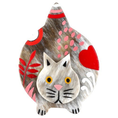 Hairy Beige and Pink Lurking Cat Decor Brooch - Galalith – Vintage Jewelry - handcrafted by Pavone by Pavone