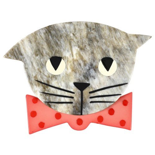 Hairy Beige Bow Tie Cat Brooch wearing a Candy Pink Bow Tie with Fuchsia Pink Polka Dots - Galalith – Vintage Jewelry - handcrafted by Pavone by Pavone