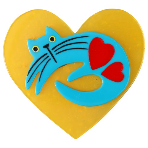 turquoise and red cat on yellow heart brooch