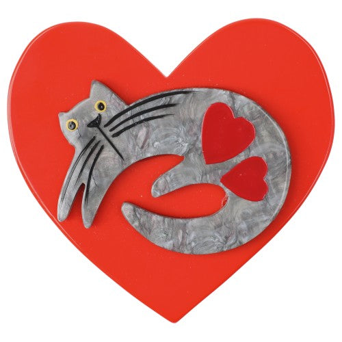 Grey Cat on Scarlet Red Heart Brooch