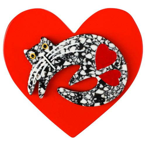 Mosaic Black and White Cat on Scarlet Red Heart Brooch