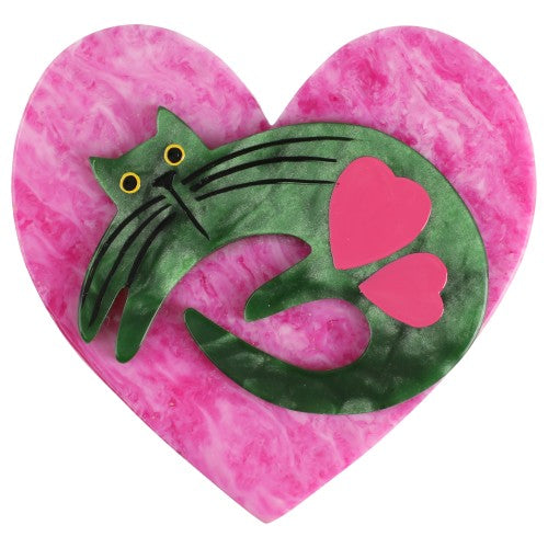 Green Cat on Fuchsia Pink Heart Brooch