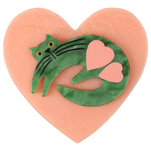 Green and Pink Cat on Light Pink Heart Brooch