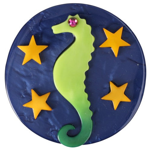 Anise Green Seahorse in a Navy Blue Circle Brooch 