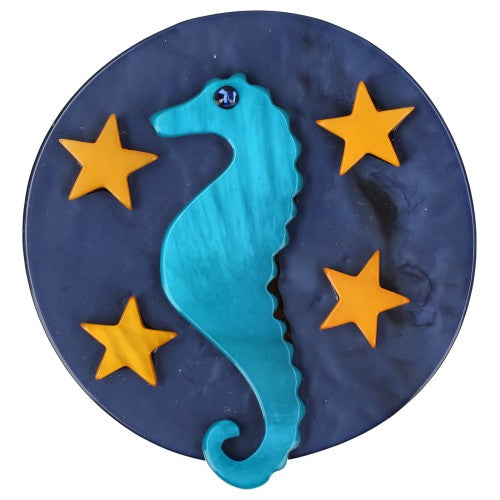 Turquoise Blue Seahorse in a Navy Blue Circle Brooch 