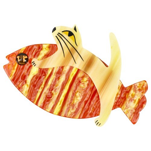 Iridecent Orange - Yellow and Beige Cream Sinbad Cat Brooch (large size) - Galalith – Vintage Jewelry - handcrafted by Pavone by Pavone