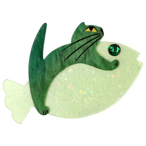Iridescent Almond Green and Malachite Green Sinbad Cat Brooch (large size) - Galalith – Vintage Jewelry - handcrafted by Pavone by Pavone