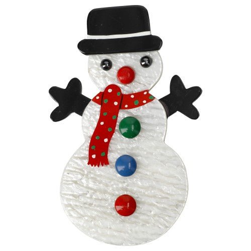 Iridescent White Snowman Brooch with a red scarf - Galalith – Vintage Jewelry - handcrafted by Pavone by Pavone