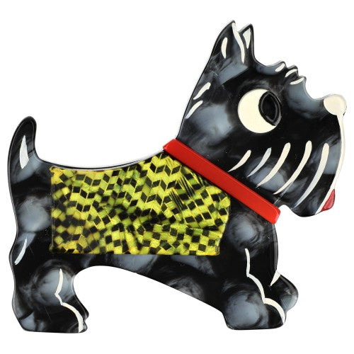 Speckled Grey, Lemon Yellow and Black Checkered Coat, Red Collar, Jano Dog Brooch 