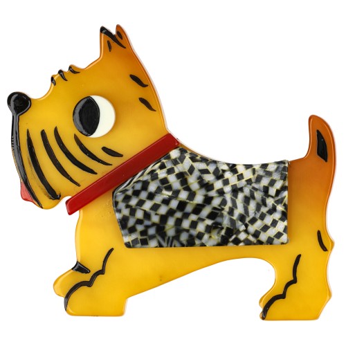 Yellow, Black and White Checkerboard Coat, Red Collar Jano Dog Brooch (left)