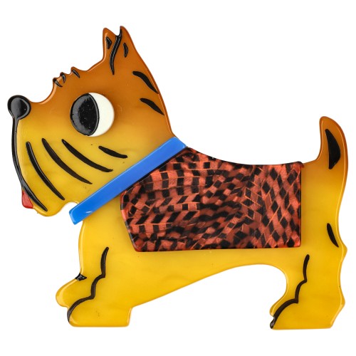 Yellow, Red and Black Checkerboard Coat, Blue Collar Jano Dog Brooch (left)