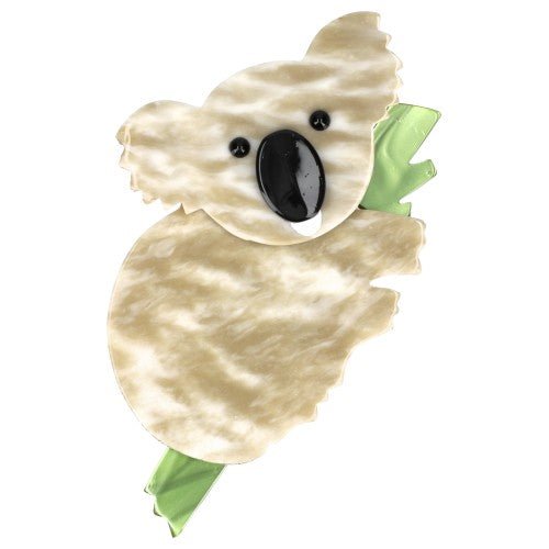 Mottled Beige Koala Brooch with a pearly anise green branch - Galalith – Vintage Jewelry - handcrafted by Pavone by Pavone