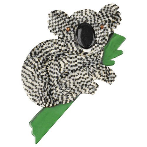 Black-White Checkered Koala Brooch with a Green Branch