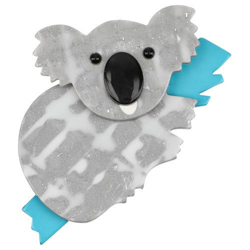 Grey and White Koala Brooch (with aquamarine blue branch)