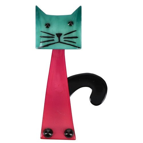 Lagoon Green and Fuchsia Pink Teapot Cat Brooch - Galalith – Vintage Jewelry - handcrafted by Pavone by Pavone