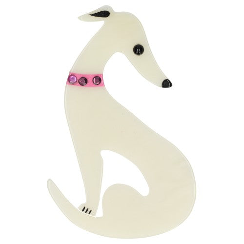 White and Pink Greyhound Dog Brooch