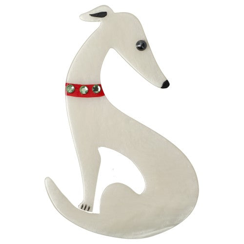 White and Red Greyhound Dog Brooch