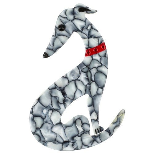 Marbled Grey Greyhound Dog Brooch with a Red Necklace - Galalith – Vintage Jewelry - handcrafted by Pavone by Pavone